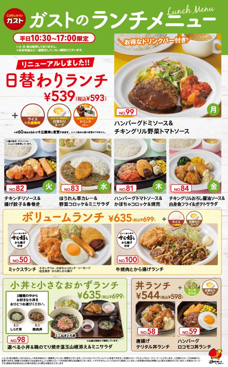 ガスト ガストのランチがリニューアル 日替わりランチ ボリュームランチ 小丼と小さなおかずランチ 丼ラン 22 04 15 俺ノランキング